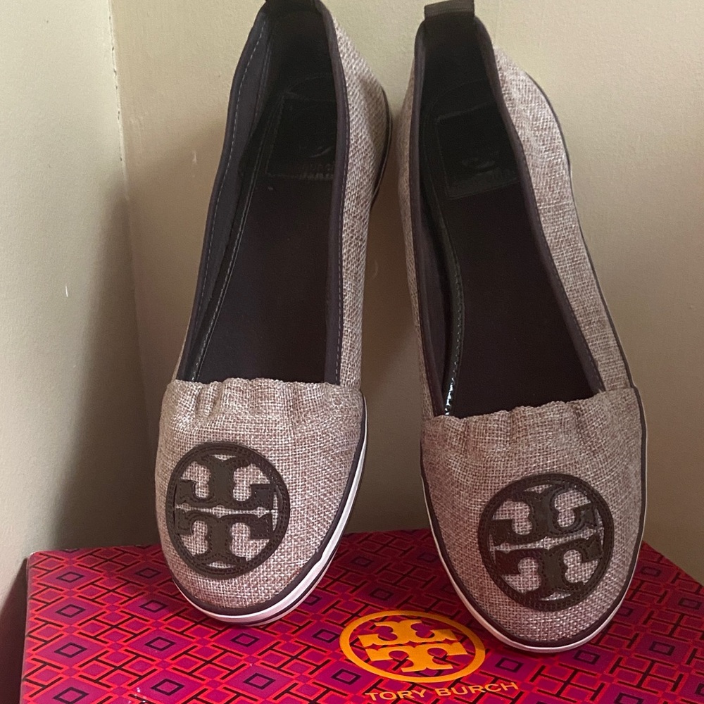 Tory Burch Neutral Beige Canvas Logo Slip-Ons